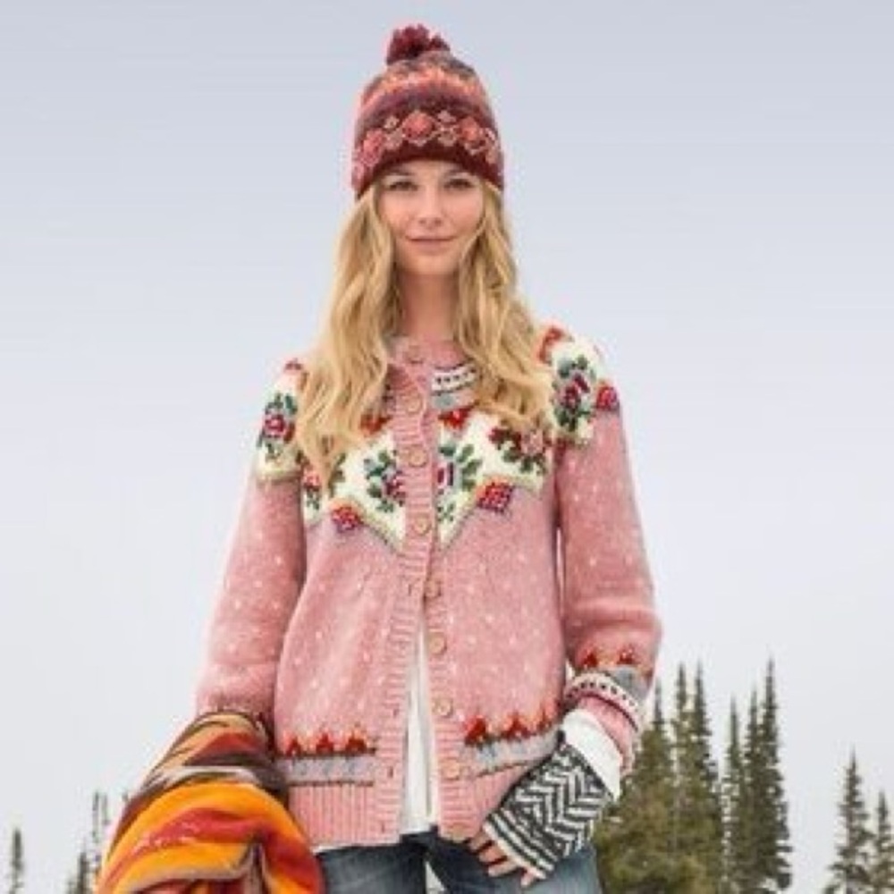 Sundance Irish Rose cardigan, pink fair isle, size large